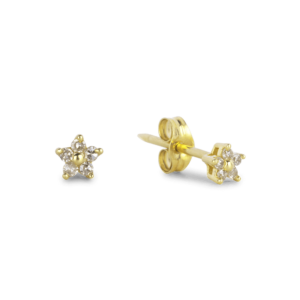 Gouden oorsteker in vorm van bloem bezet met diamanten