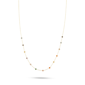 Gouden collier met diamant in het midden en 6 kleurstenen links en rechts van de diamant