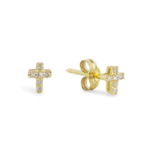 Gouden oorsteker in de vorm van een kruis bezet met diamanten