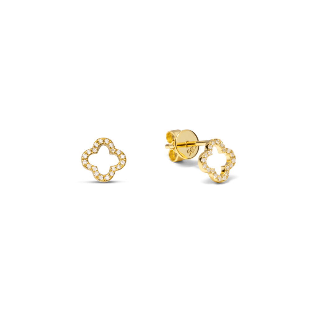 Gouden oorknop open klaver symbool met diamantjes