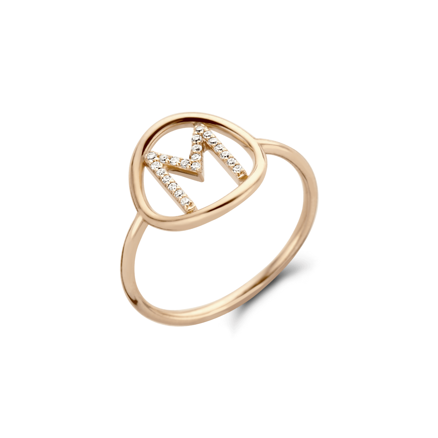 Roségouden ring rond gesmeed met "M" initial in een ronde gouden cirkel. Het initiaal is bezet met diamantjes.