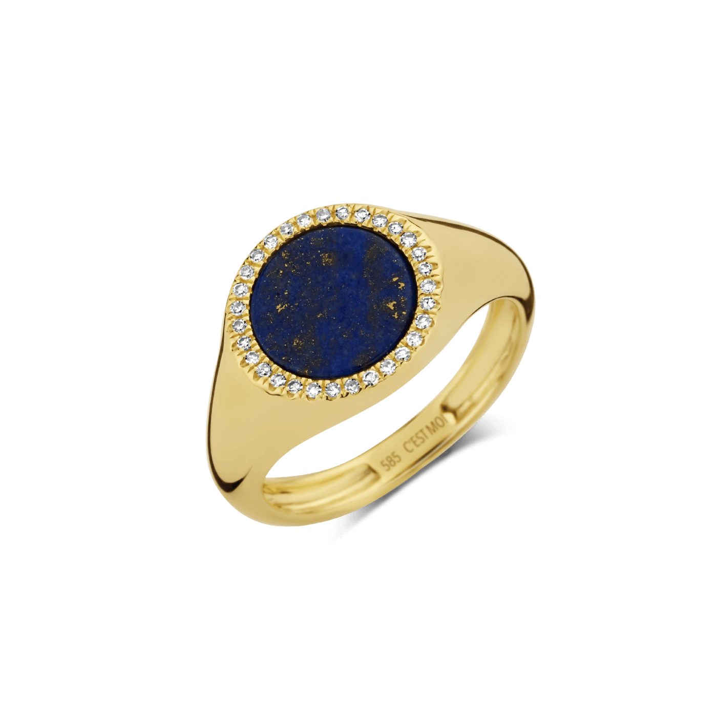 Geelgoude ring gezet met een ronde lapis lazuli steen omringd met kleine diamanten